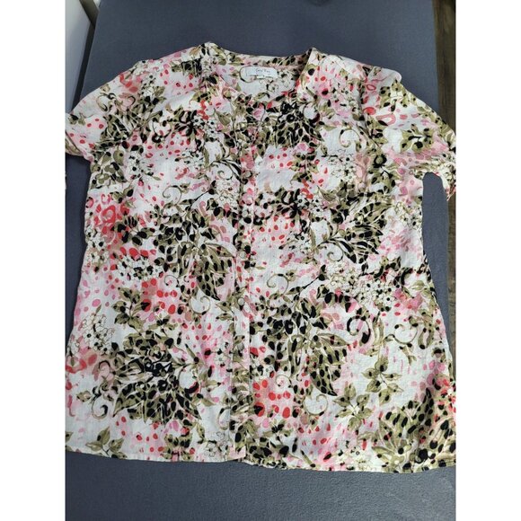 CORAL BAY Women';s LG Linen Blend Floral Button Up Blouse Top Roll Tab Sleeve - Picture 4 of 9